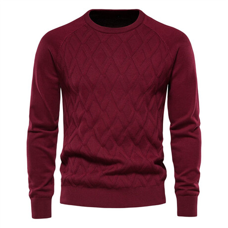 Crewneck Diamond Pattern Knit Sweater // Red (XS)