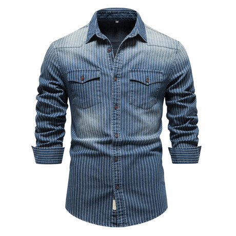 Striped Long Sleeve Button Up Field Shirt // Dark Blue (XS)