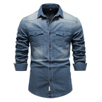 Striped Long Sleeve Button Up Field Shirt // Dark Blue (M)