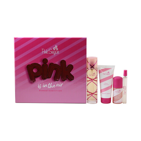 Pink Sugar Set - 3.4 oz EDT Spray, 3.3 oz Glossy Shower Gel, Shimmering Perfume Roll-On 1.7 oz, Rollerball .33oz
