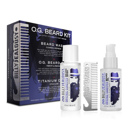 Billy Jealousy Beard Kit - 2 oz Original Gangster Beard Wash, 2 oz Original Gangster Beard Oil, Titanium Comb