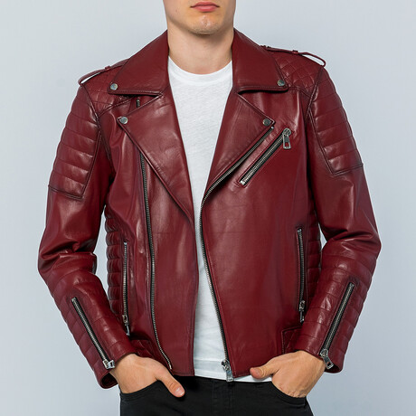 Biker Leather Jacket // Light Bordeaux // Style 2 (S)