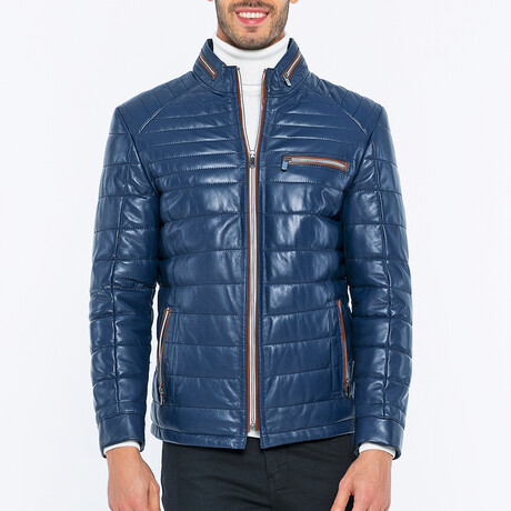Leather Puffer Jacket // Navy Blue (S)