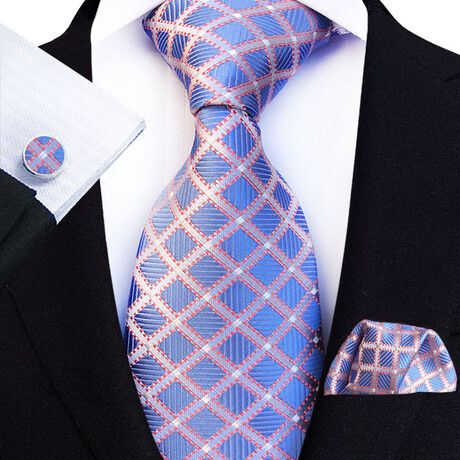 3 Pc Tie Set // Blue + Red + Silver Geometric Pattern