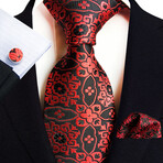 3 Pc Tie Set // Black & Red Flower Pattern