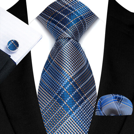 3 Pc Tie Set // Silver + Blue Plaid