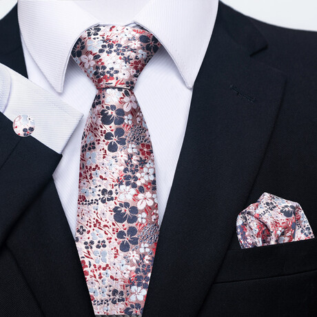 3 Pc Tie Set // White + Blue + Red Flower Pattern