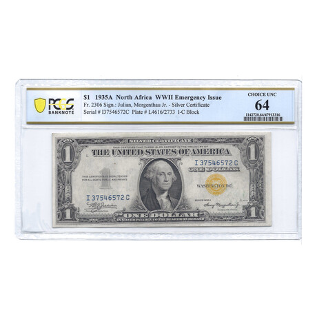1935A $1 Small Size Silver Certificate // Emergency Issue North Africa // PCGS Certified Choice UNC 64