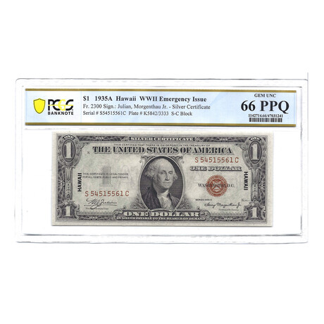 1935A $1 Small Size Silver Certificate // Emergency Issue Hawaii // PCGS Certified Choice UNC 66 PPQ