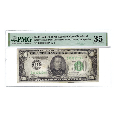1934 $500 Small Size Federal Reserve Note // High Denomination Note // PMG Certified Choice Very Fine 35