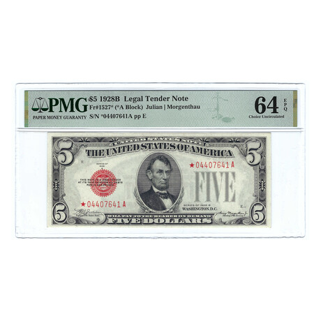 1928B $5 Small Size Legal Tender Star Note // PMG Certified Choice UNC 64 EPQ