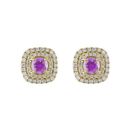 Tresorra // 18K Yellow Gold Diamond + Pink Sapphire Earrings // New