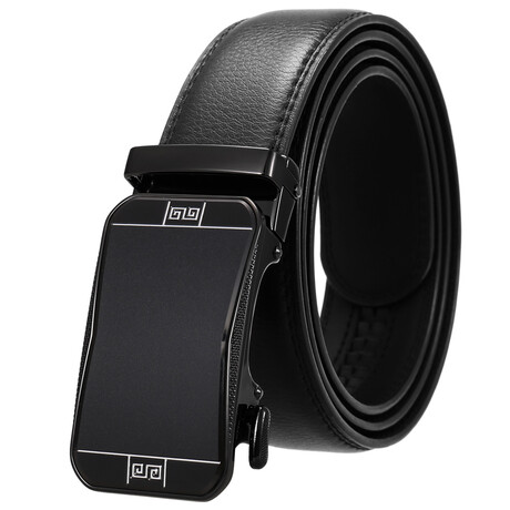 Leather Belt - Automatic Buckle // Black Belt + Black Geometric Detail Buckle // Style 2