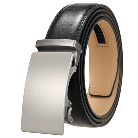 Leather Belt - Automatic Buckle // Black Belt + Silver Plain Buckle