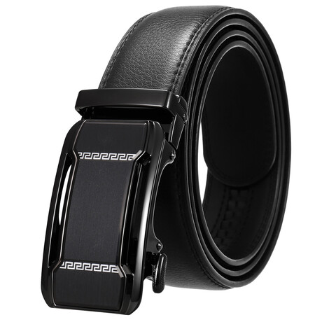 Leather Belt - Automatic Buckle // Black Belt + Black Geometric Detail Buckle