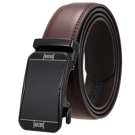 Leather Belt - Automatic Buckle // Brown Belt + Black Geometric Detail Buckle
