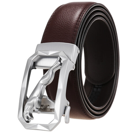 Leather Belt - Automatic Buckle // Brown Belt + Silver Jaguar Buckle