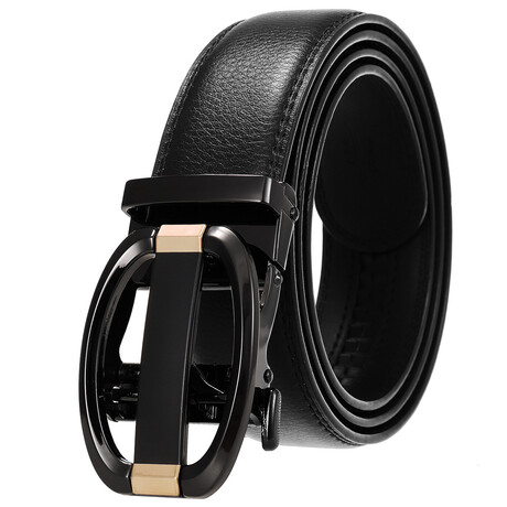 Leather Belt - Automatic Buckle // Black Belt + Black & Copper Detail Buckle