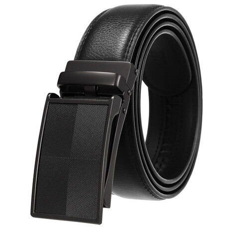 Leather Belt - Automatic Buckle // Black Belt + Black Striped Buckle