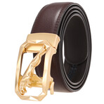Leather Belt - Automatic Buckle // Brown Belt + Gold Jaguar Buckle