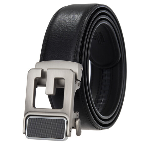 Leather Belt - Automatic Buckle // Black Belt + Silver Matte G Buckle