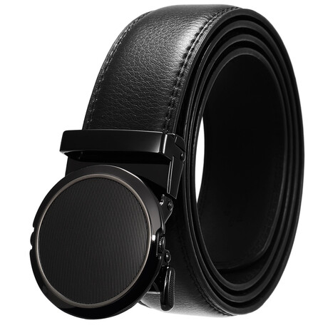 Leather Belt - Automatic Buckle // Black Belt + Black Circle Buckle