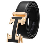 Leather Belt - Automatic Buckle // Black Belt + Gold & Black Buckle