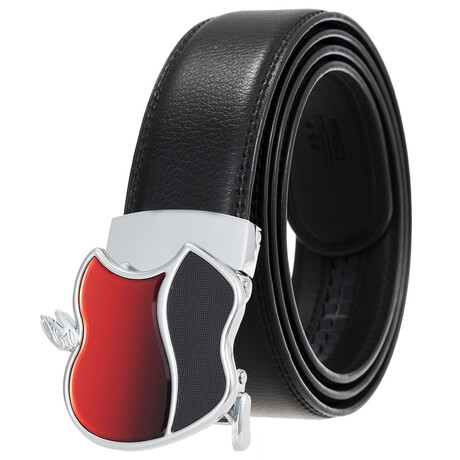 Leather Belt - Automatic Buckle // Black Belt + Silver & Red Apple Buckle