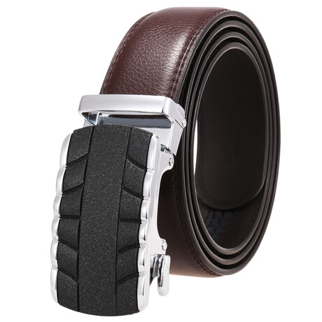 Leather Belt - Automatic Buckle // Brown Belt + Silver & Black Buckle