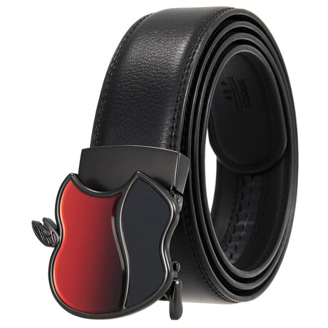Leather Belt - Automatic Buckle // Black Belt + Black & Red Apple