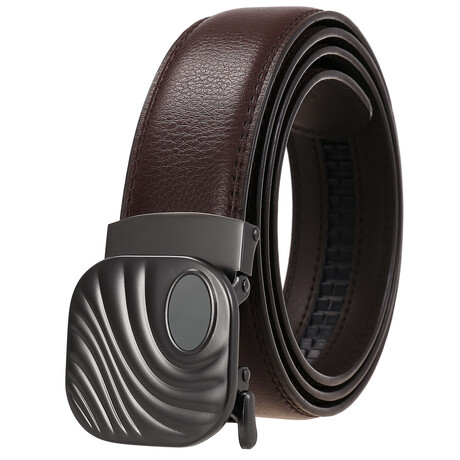 Leather Belt - Automatic Buckle // Brown Belt + Black Matte Square Buckle