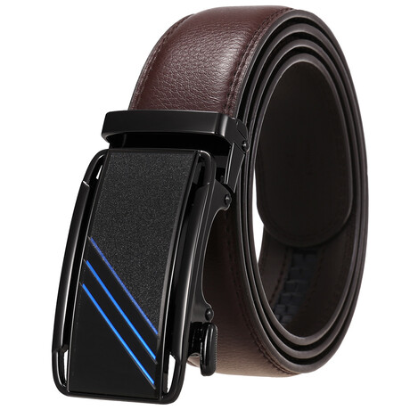 Leather Belt - Automatic Buckle // Brown Belt + Black & Blue Detail Buckle
