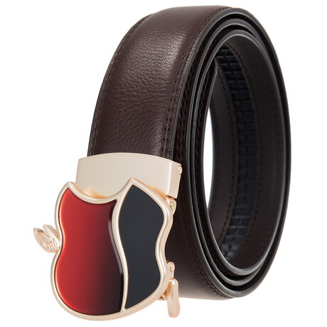 Leather Belt - Automatic Buckle // Brown Belt + Gold & Red Apple Buckle