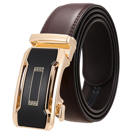 Leather Belt - Automatic Buckle // Brown Belt + Gold & Back Buckle