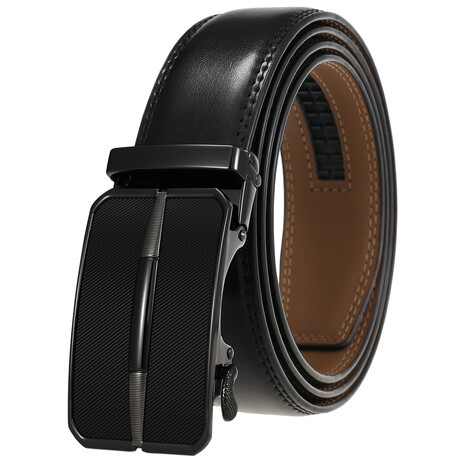 Leather Belt - Automatic Buckle // Black Belt + Black Textured Buckle // Style 2