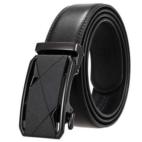 Leather Belt - Automatic Buckle // Black Belt + Black Geometric Textured Buckle