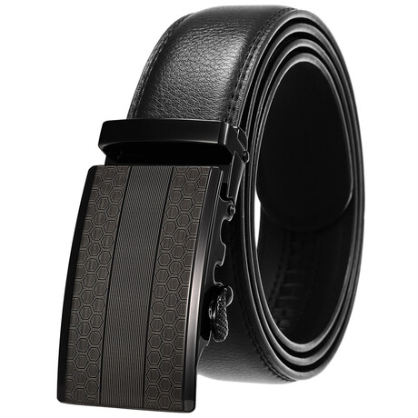 Leather Belt - Automatic Buckle // Black Belt + Stripe Paneled Black Buckle