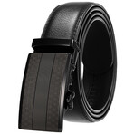 Leather Belt - Automatic Buckle // Black Belt + Stripe Paneled Black Buckle