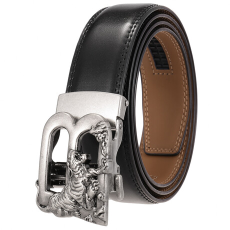 Leather Belt - Automatic Buckle // Black Belt + Silver B Tiger Buckle