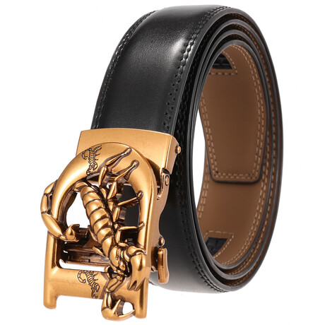 Leather Belt - Automatic Buckle // Black Belt + Gold Escorpion Buckle
