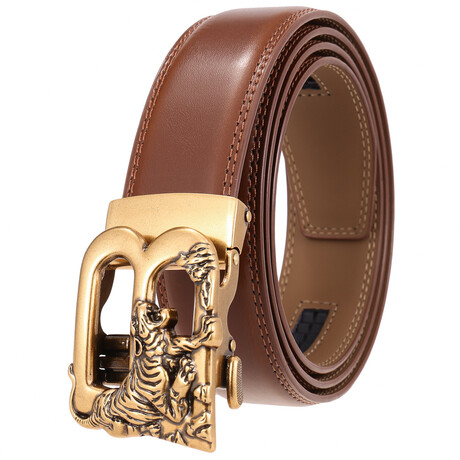 Leather Belt - Automatic Buckle // Tan Belt + Gold B Tiger Buckle