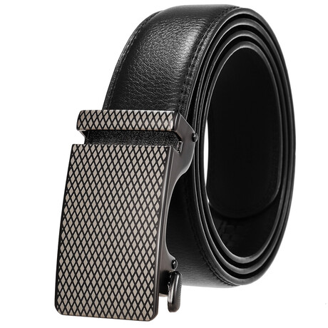 Leather Belt - Automatic Buckle // Black Belt + Silver Diamond Pattern