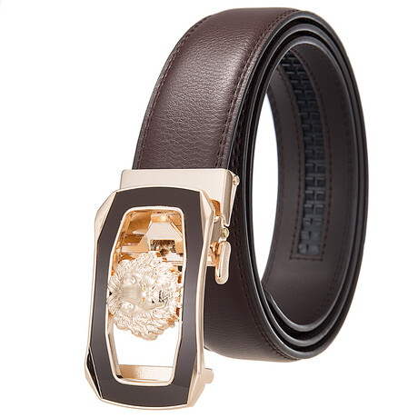 Leather Belt - Automatic Buckle // Brown + Gold Lion Buckle