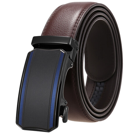 Leather Belt - Automatic Buckle // Brown Belt + Black & Blue Detail Buckle // Style 2