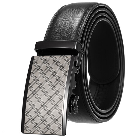 Leather Belt - Automatic Buckle // Black Belt + Silver Plaid Buckle