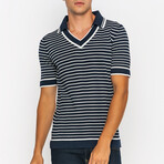 Stripe Johnny Collar Sweater // Navy + Ecru (S)