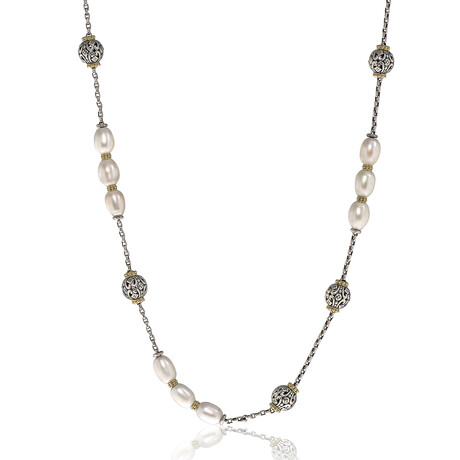 Kleos Sterling Silver + 18K Yellow Gold Pearl Station Necklace // 31" // Store Display