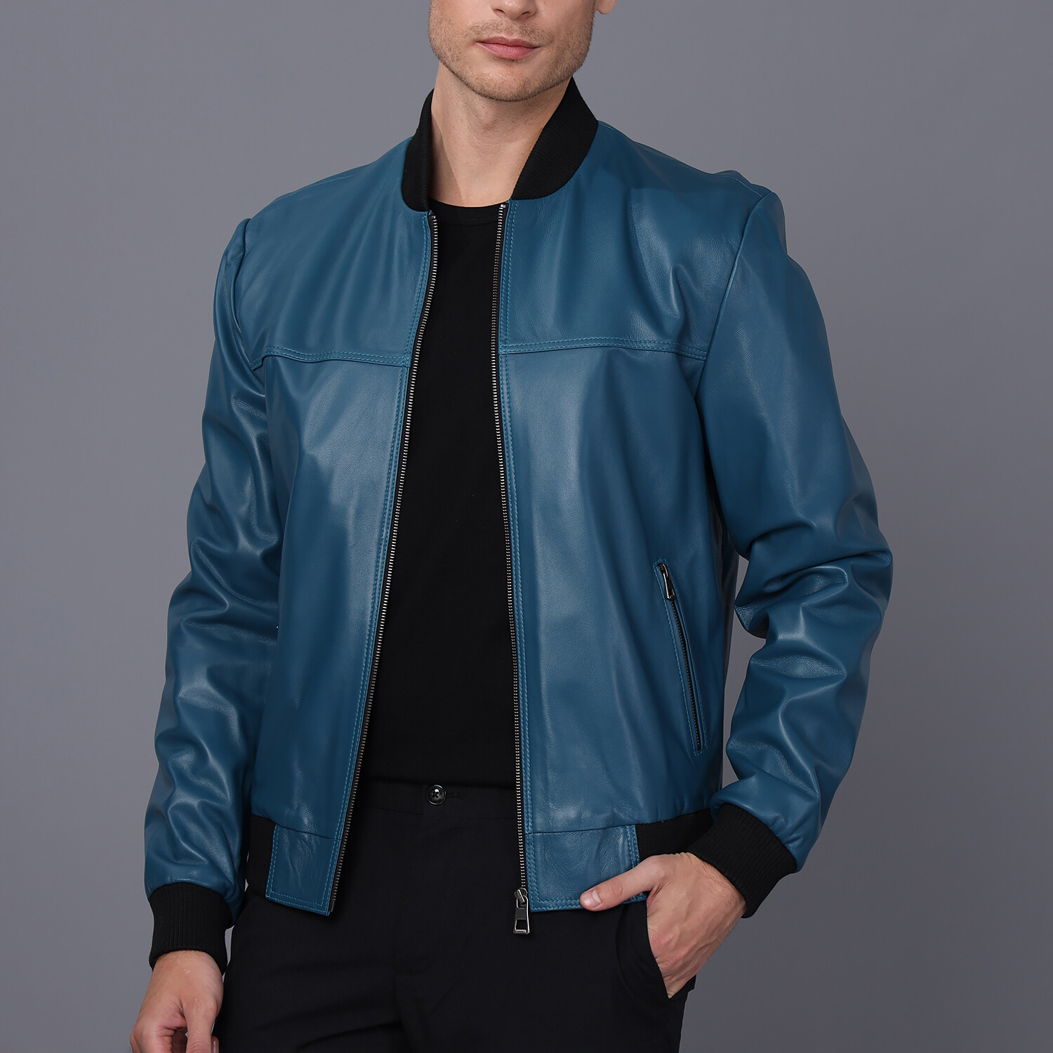 Leather Bomber Jacket // Blue (M) - Basics&More Leather Jackets - Touch ...