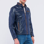 Leather Racer Strap Neck Jacket // Blue (S)
