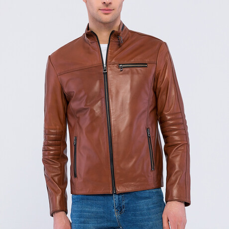 Leather Racer Strap Neck Jacket // Chestnut (S)